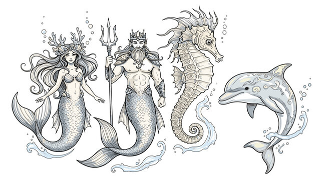 Aquatic Fantasy: Mermaid, Poseidon, Seahorse, and Dolphin Underwater Cartoon Illustration