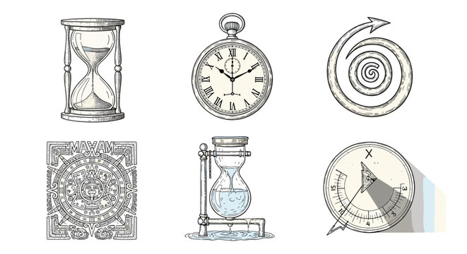 Assorted Time and Directional Devices in Hand Drawn Style Illustration