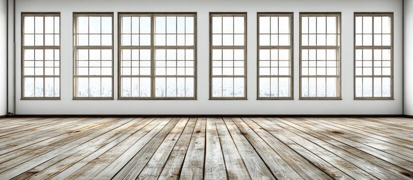 Empty room with wooden floor and plants viewed from the front in a serene environment