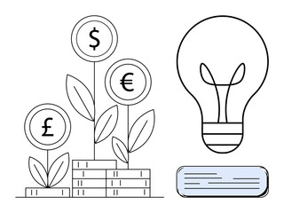 Currency plants growing from stacked coins with symbols for USD, Euro, Pound. Lightbulb represents innovation, investment growth, financial progress. Ideal for finance, business, investment