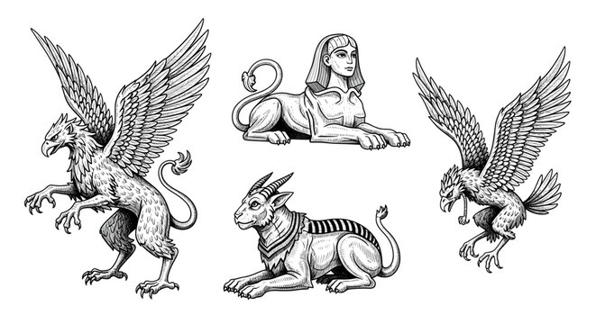 Mythological Creatures Ink Sketch Collection on White Background Illustration