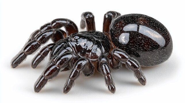Detailed close-up of a glossy black trapdoor spider on a white background showcasing arachnid