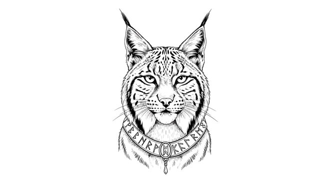 Lynx Viking Symbolism Art, Detailed Black and White Illustration.
