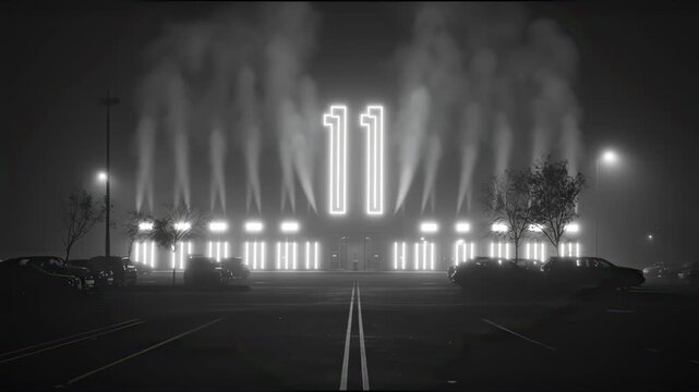 Singles&rsquo; Day twin light pillars: two vertical neon bars forming a non‑literal &ldquo;11&rdquo; on dark; sleek looping banner for 11.11 sales, tech retail and website headers 