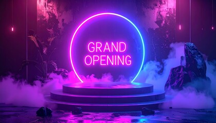 Grand Opening Neon Sign with Stage and Smoke in a Futuristic Background