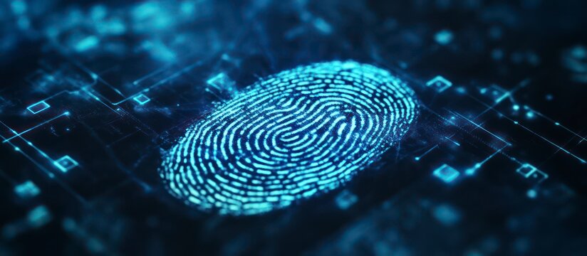 Fingerprint identity symbol on blue background representing biometric security and forensic identification