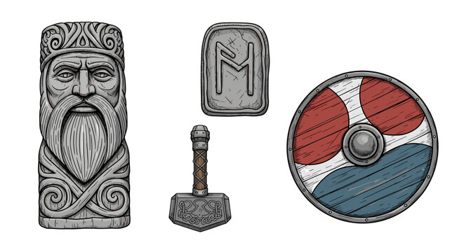 Norse Mythology Elements: Odin Idol, Rune Stone, Thor Hammer, Viking Shield