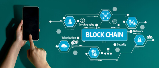 A person interactively using a smartphone displaying concepts related to blockchain technology, such as security, tokenization, and cryptography in a digital landscape. Tessel