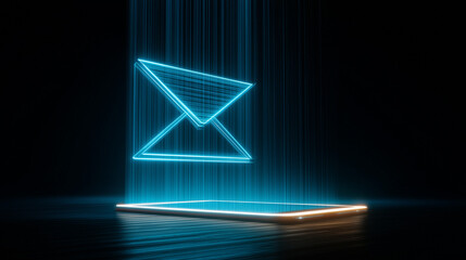 A glowing holographic email envelope projected from a tablet, communication technology concept, futuristic neon cinematic look 