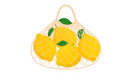 Illustration of Lemons in a Reusable Net Bag, Healthy Lifestyle Concept