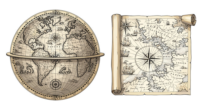 Antique world globe and parchment map with ships illustration
