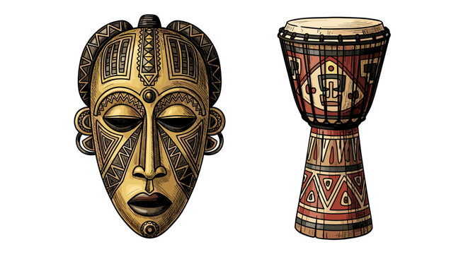 Tribal golden mask and djembe drum with geometric patterns illustration
