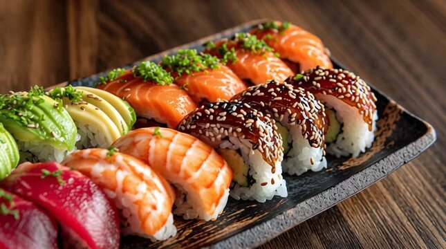 Rustic serving platter filled with various rows of colorful sushi rolls and nigiri, including tuna, shrimp, salmon, avocado rolls. 