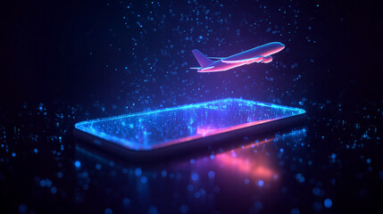  holographic glowing airplane flying out of a smartphone, futuristic travel booking technology, cinematic neon particles