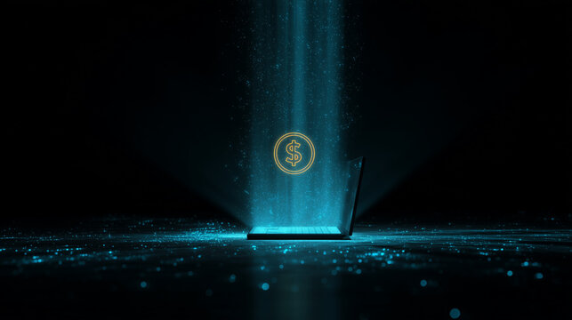 A glowing holographic dollar coin spinning in the air above a laptop, futuristic fintech theme, neon particles cinematic