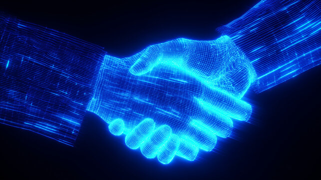 Glowing holographic handshake with glowing lines, futuristic blockchain smart contract theme, neon cinematic