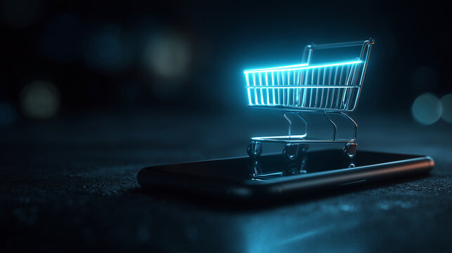 Glowing ecom shopping cart on phone