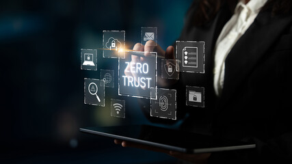 Fototapeta premium Zero trust model enhances data protection. Zero trust blocks unauthorized access, secures devices, zero trust defends networks, and zero trust verifies users continuously. Latch