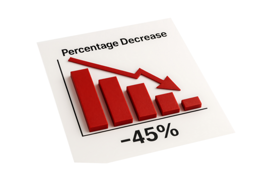Red Bar Chart with Downward Arrow Percentage Isolated on a Transparent Background