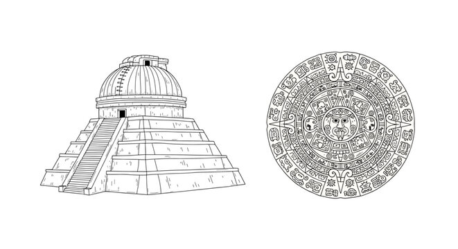 Ancient Mayan Civilization: Pyramid and Calendar Stone Illustration in Black and White