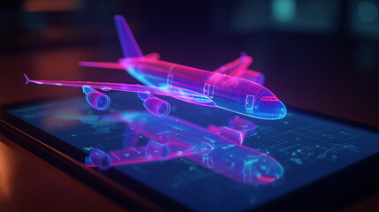 Glowing holographic airplane projected above a tablet, futuristic travel technology theme, neon cinematic detail