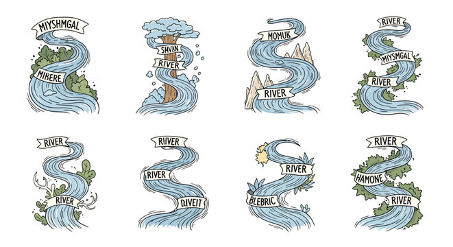 Whimsical Rivers Illustration: Set of Eight Winding Streams with Banners