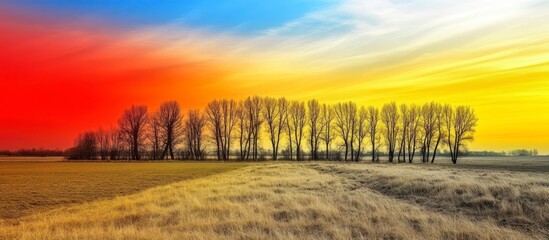 Sunset over a peaceful countryside field with trees and clouds
