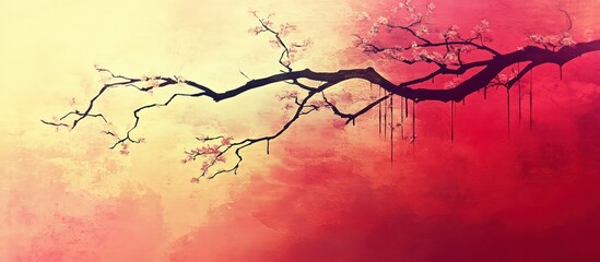 Temple wall painting of cherry blossom trees in the morning