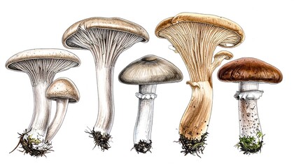Illustration of Various Mushroom Species with Detailed Artistic Renderings