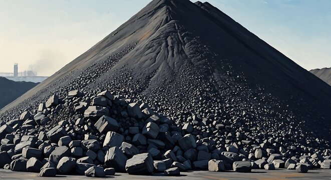 A massive pile of black coal at an industrial mining site for energy production.
