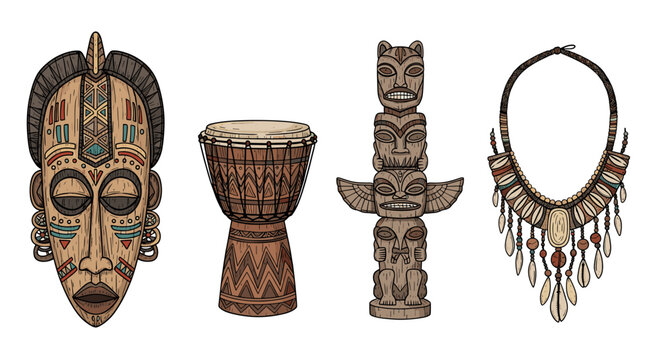 Ethnic African tribal art: Mask, drum, totem, and shell necklace
