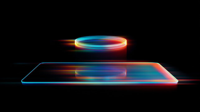 A holographic glowing magnifying glass projected above a tablet, futuristic search technology, neon cinematic effects