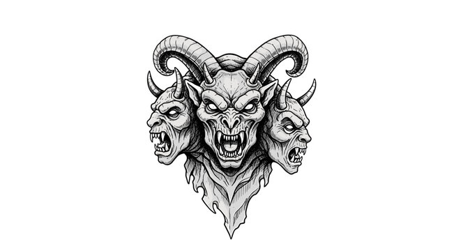 Three-headed demonic entity with horns, sharp teeth, and evil gaze