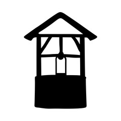 Silhouette drawing of a traditional water well with wooden structure and pulley