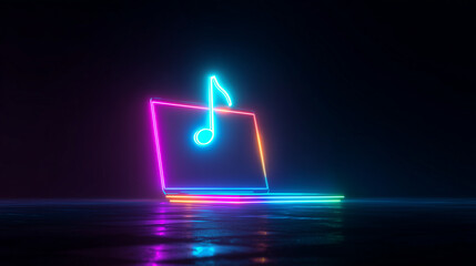 A glowing holographic music note floating above a laptop, futuristic streaming technology concept, neon cinematic ligh