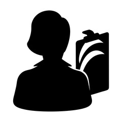 Female figure with a document or clipboard representing analysis and management