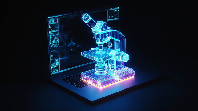 holographic glowing microscope projected from a laptop, futuristic research technology, neon cinematic glow