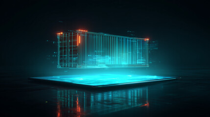 A holographic glowing shipping container floating above a tablet, futuristic logistics and supply chain tech, neon cinematic.