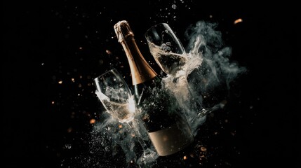 Champagne bottle and two fluted glasses in a dramatic celebration with bubbles and smoke