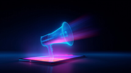 A holographic glowing megaphone projected above a tablet, futuristic marketing technology theme, neon cinematic glow