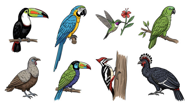 Exotic Bird Collection: Diverse Tropical Avian Fauna on White Background