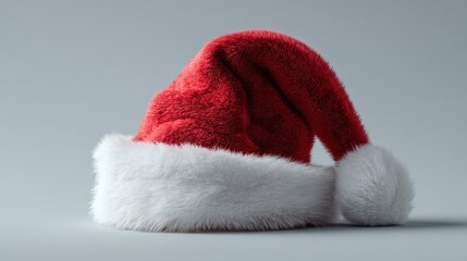 Santa hat with red velvet and white fur trim on soft neutral background