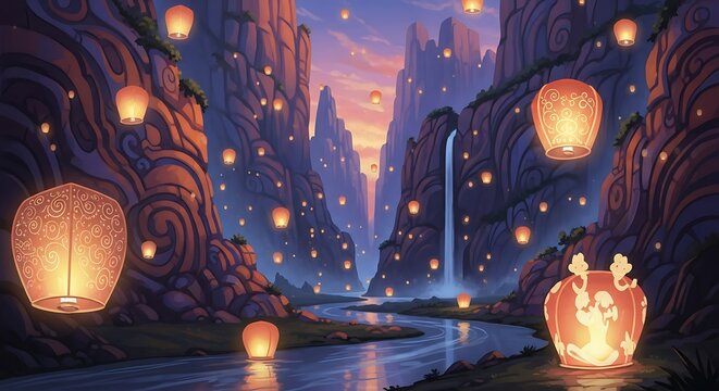 Enchanted Night Landscape with Floating Lanterns and Waterfall.