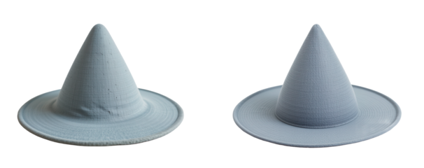 Two Distinctive Cone-Shaped Hats in Light Blue Fabric Textures