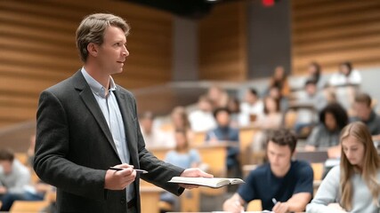 A group of students attends a guest lecture in an auditorium with slides projected, notebooks open, and a professor pacing, shown in a scholarly photo with screen clarity, pen scratches, and - Powered by Adobe
