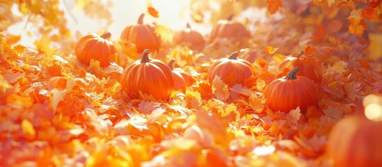 Autumn Pumpkins with Red and Orange Fall Leaves