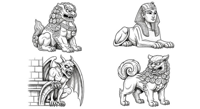 Mythical Creature Illustrations Featuring Sphinx, Gargoyle, and Foo Dog Artwork