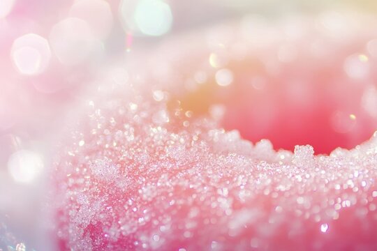 Close-up view of shimmering pink sugar crystals sparkling under soft light in a creative setting, showcasing texture and vibrant colors in the background