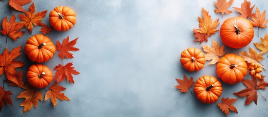 Autumn Pumpkins with Red and Orange Fall Leaves