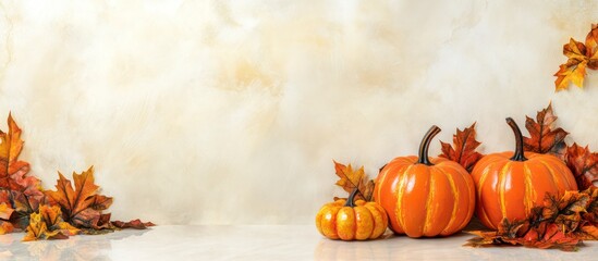 Autumn Pumpkins with Red and Orange Fall Leaves